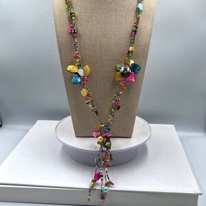 VTG Multi-Strand Seed Bead Lariat Necklace Mother of Pearl Shell Flower Tassel